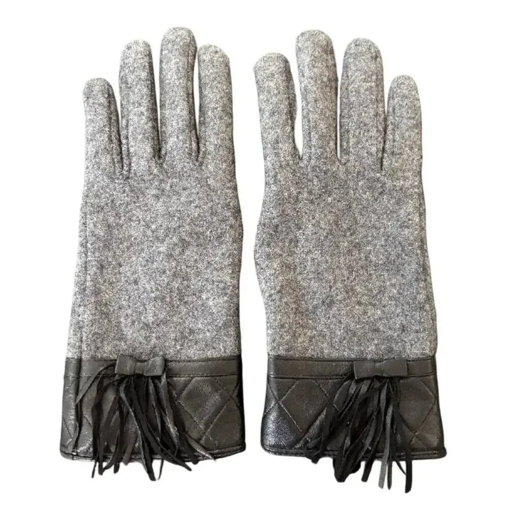 NEW SURELL 100% Wool Gloves Genuine Leather Trim Bow Fringe Wool lined